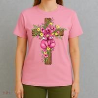Breast Cancer Fight Boxing Gloves Cross Christian T-Shirt thumb 4