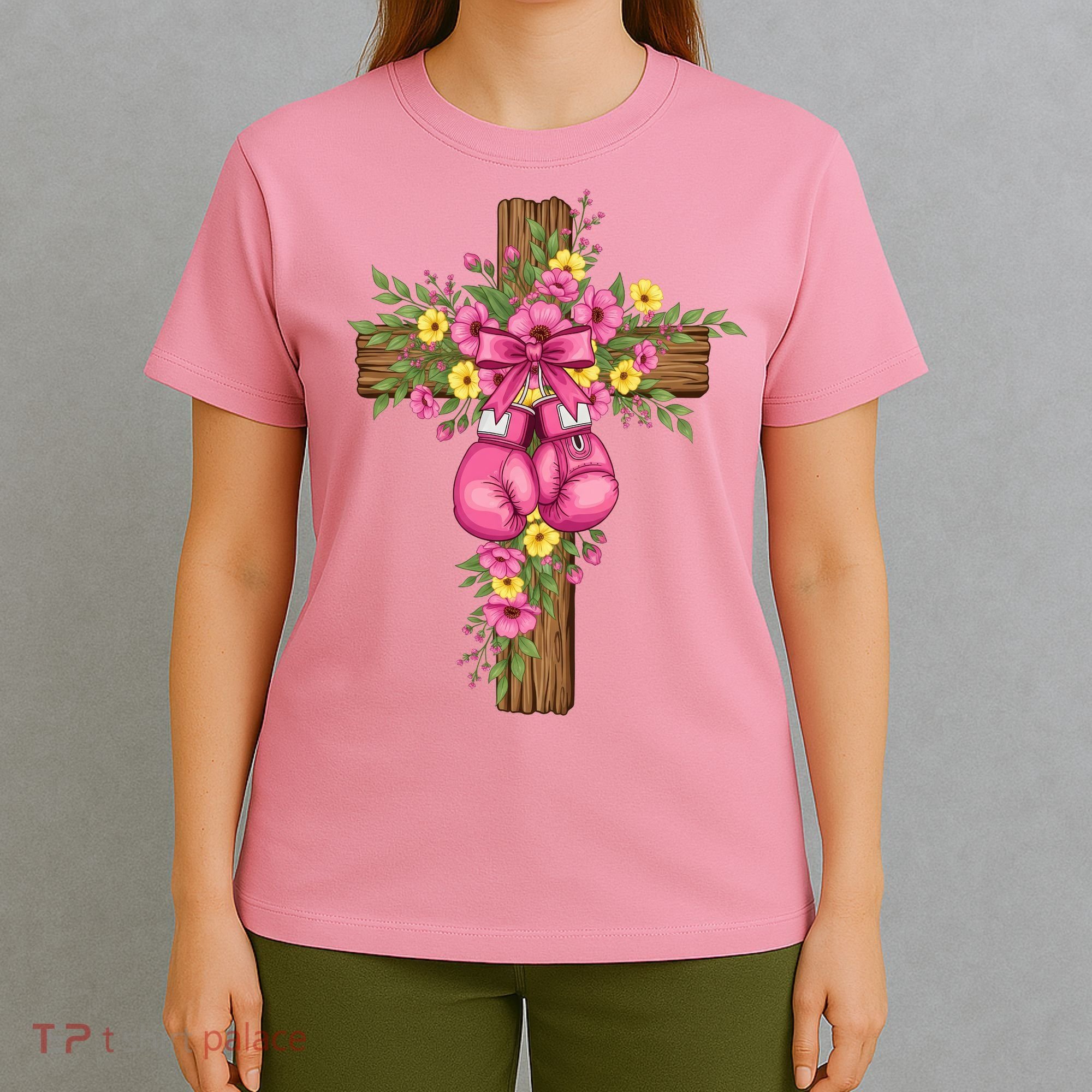 Breast Cancer Fight Boxing Gloves Cross Christian T-Shirt