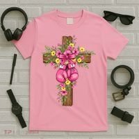 Breast Cancer Fight Boxing Gloves Cross Christian T-Shirt thumb 5