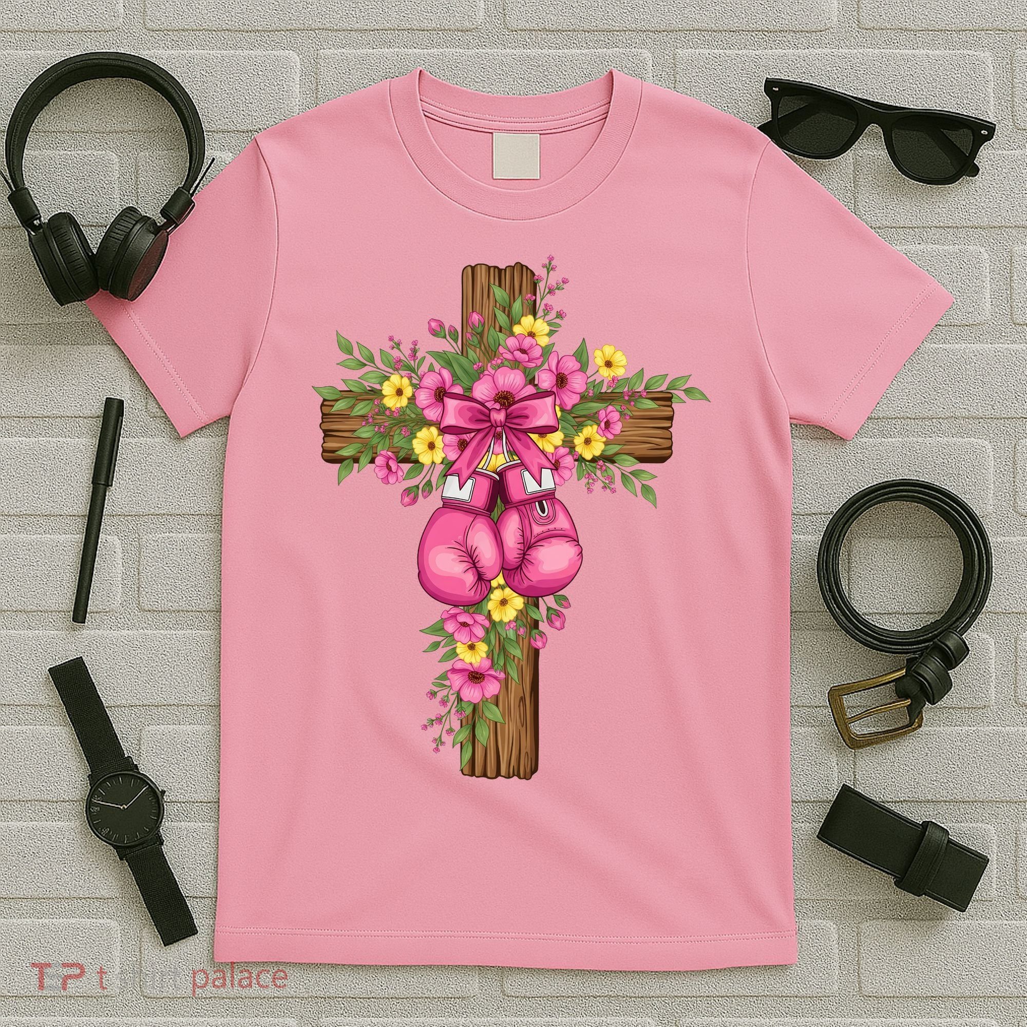 Breast Cancer Fight Boxing Gloves Cross Christian T-Shirt