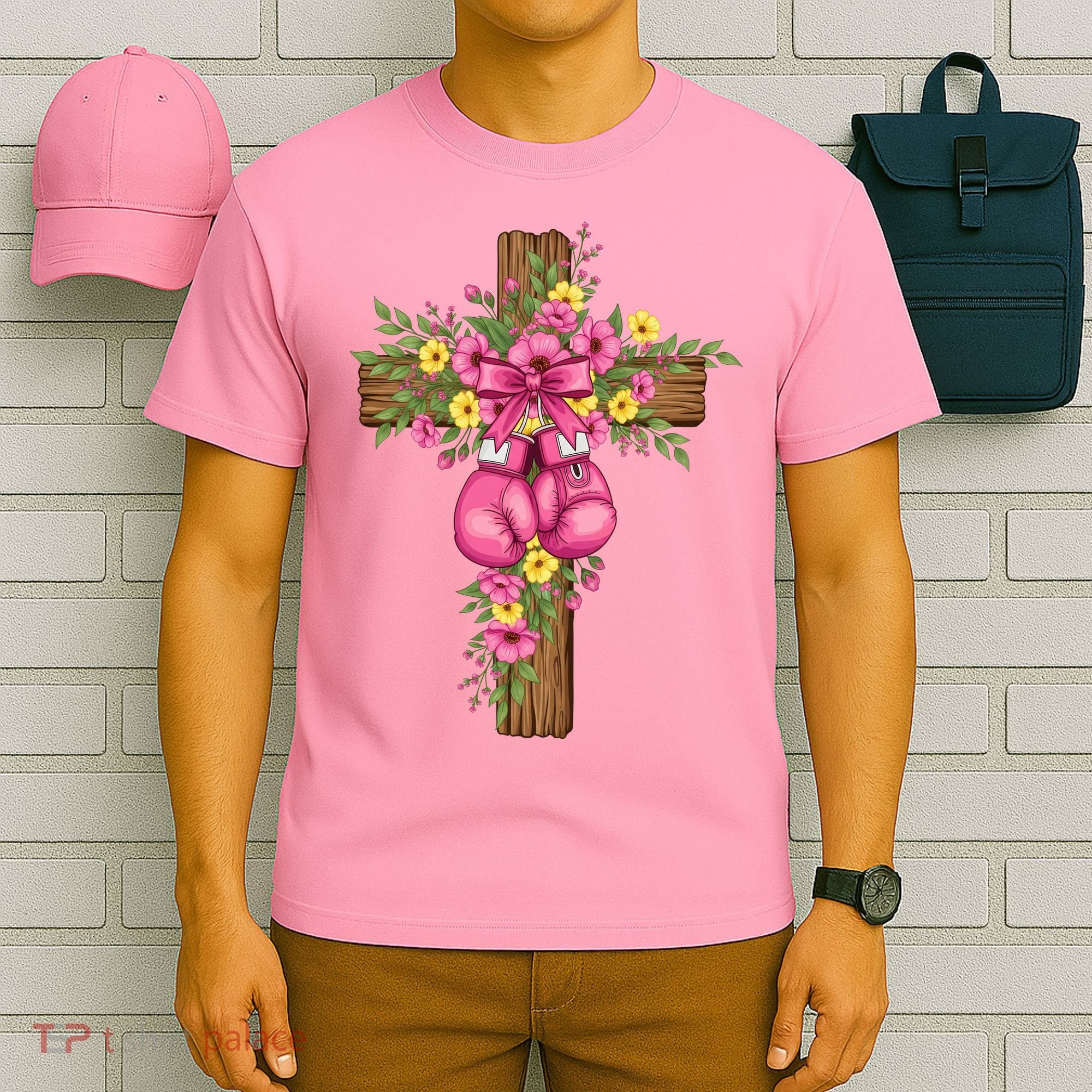 Breast Cancer Fight Boxing Gloves Cross Christian T-Shirt