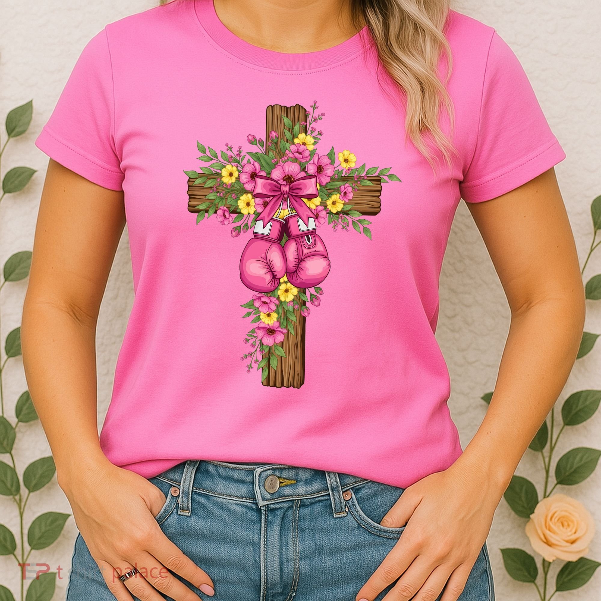 Breast Cancer Fight Boxing Gloves Cross Christian Women's T-Shirt