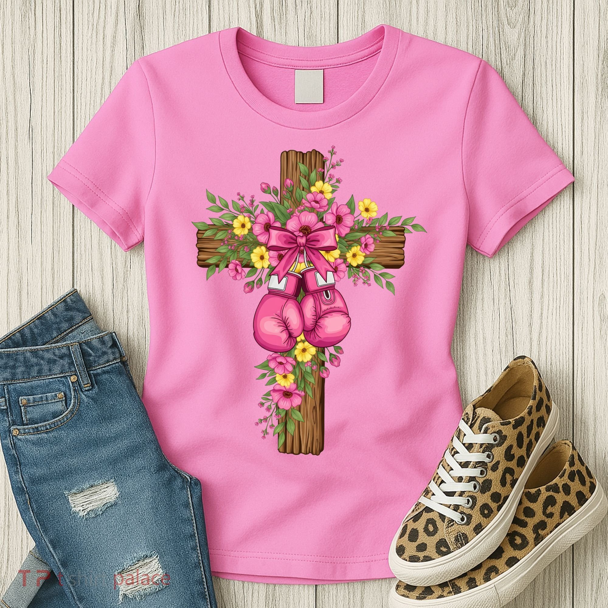 Breast Cancer Fight Boxing Gloves Cross Christian Women's T-Shirt