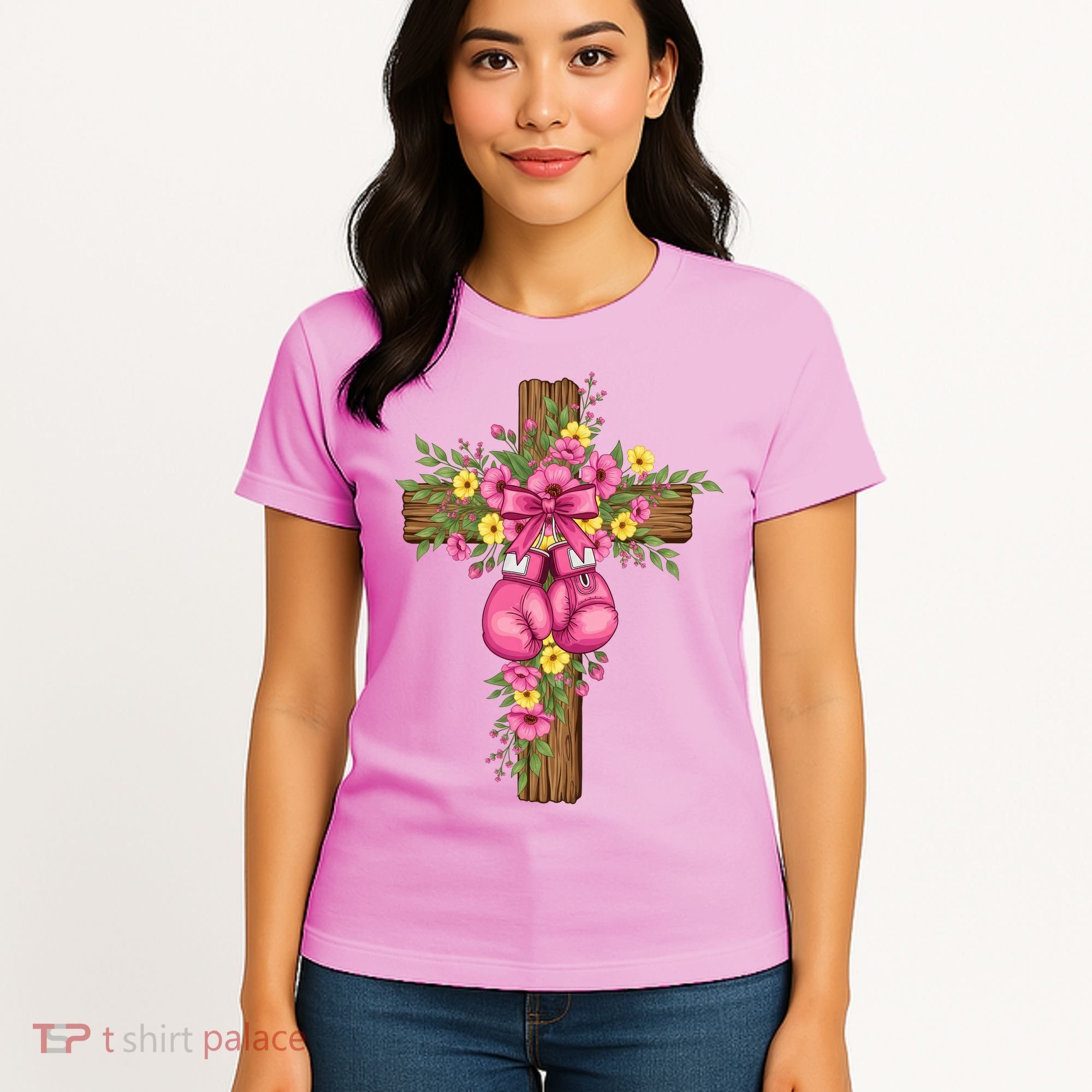 Breast Cancer Fight Boxing Gloves Cross Christian Women's T-Shirt