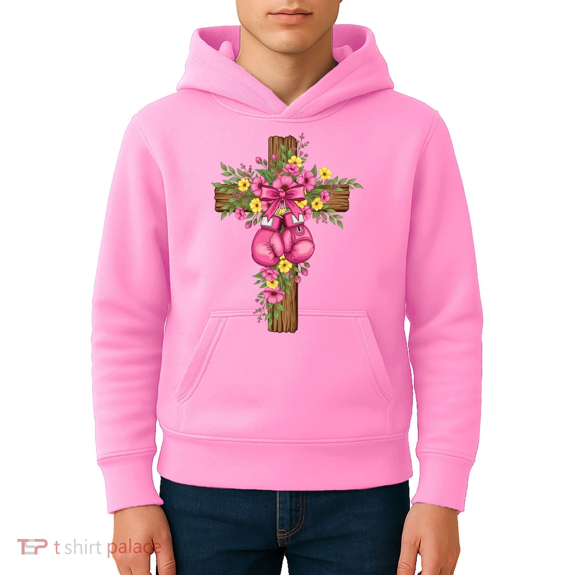 Breast Cancer Fight Boxing Gloves Cross Christian Kids Hoodie