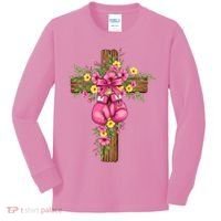 Breast Cancer Fight Boxing Gloves Cross Christian Kids Long Sleeve Shirt thumb 0