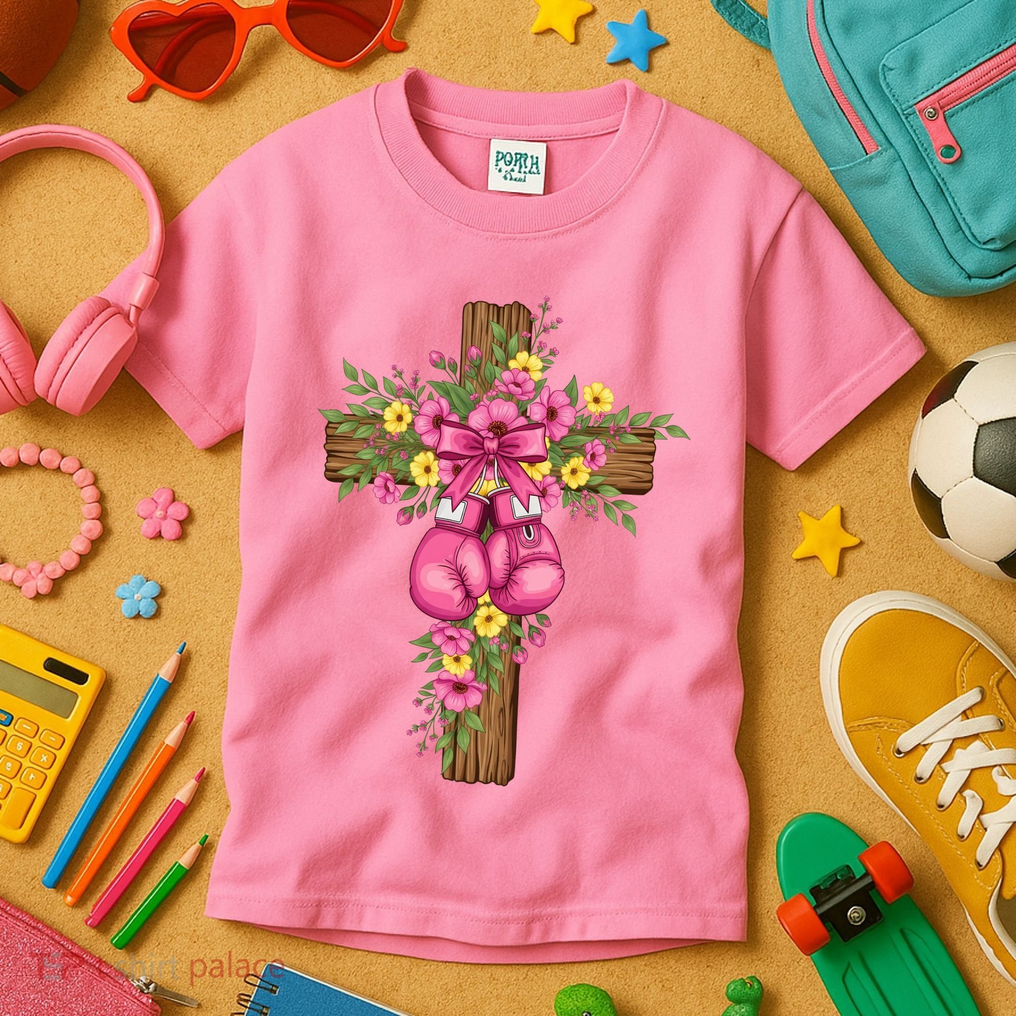 Breast Cancer Fight Boxing Gloves Cross Christian Kids T-Shirt