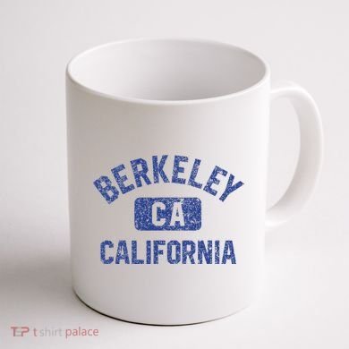 Berkeley California Gym Style Yellow W Distress Blue Print Coffee Mug back