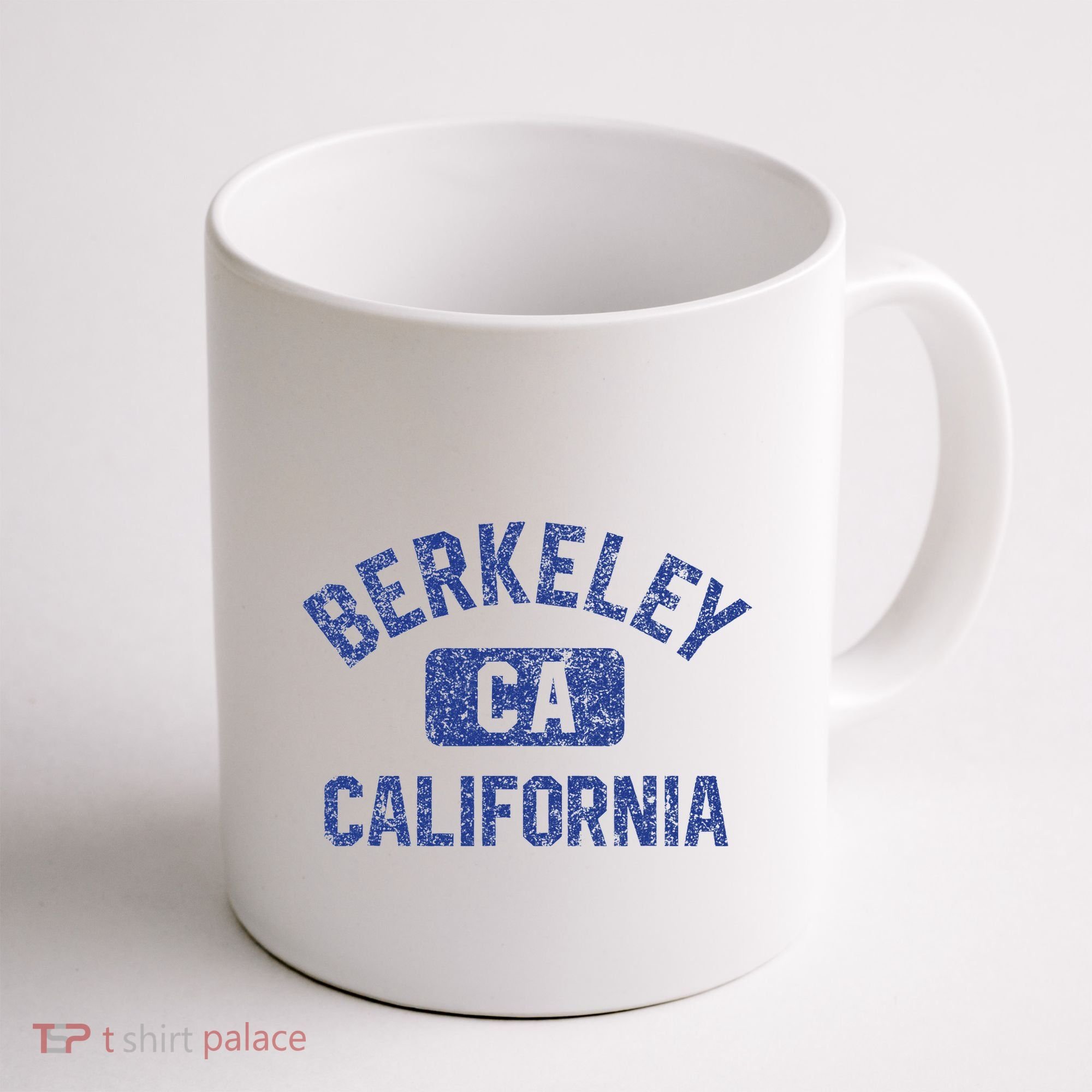 Berkeley California Gym Style Yellow W Distress Blue Print Coffee Mug