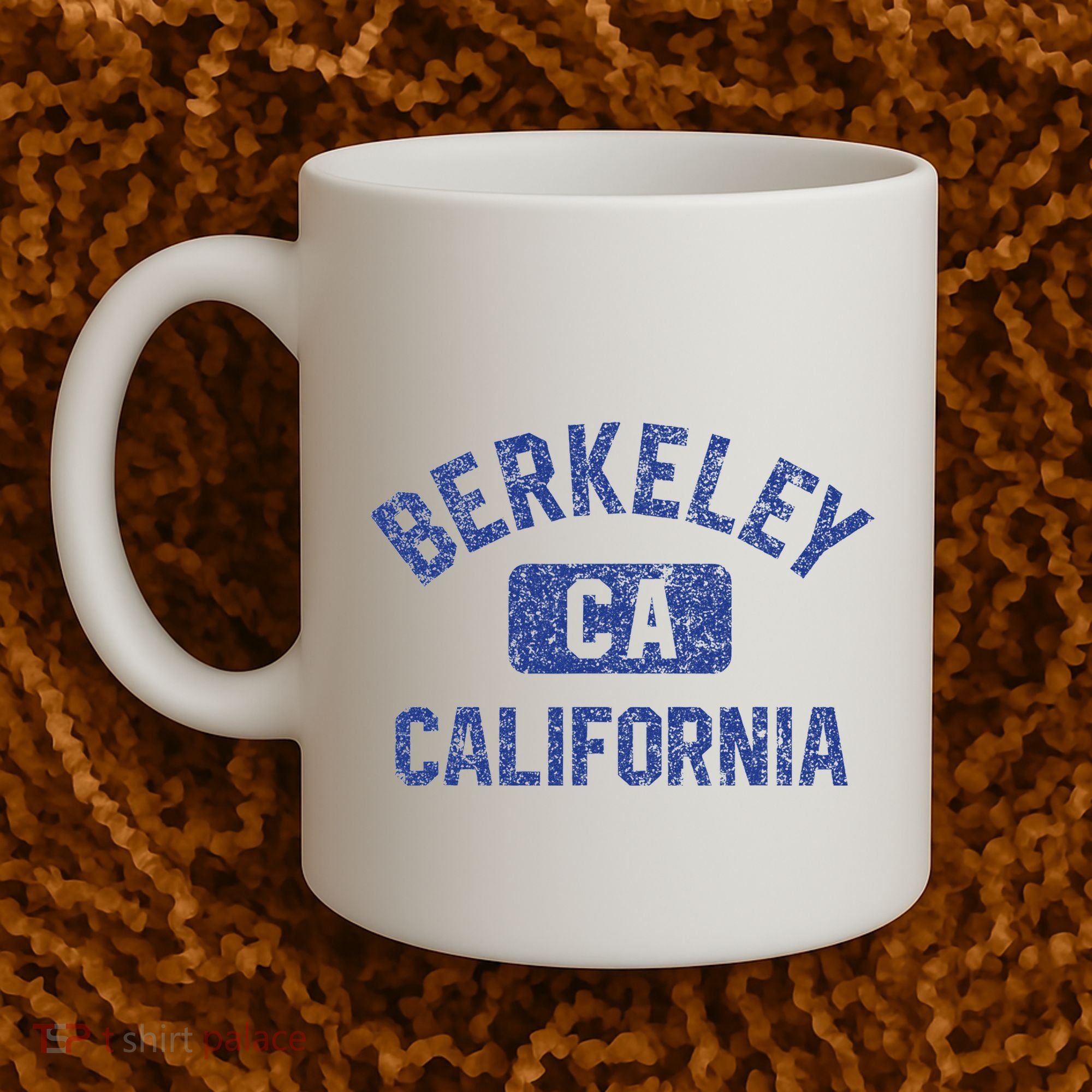 Berkeley California Gym Style Yellow W Distress Blue Print Coffee Mug