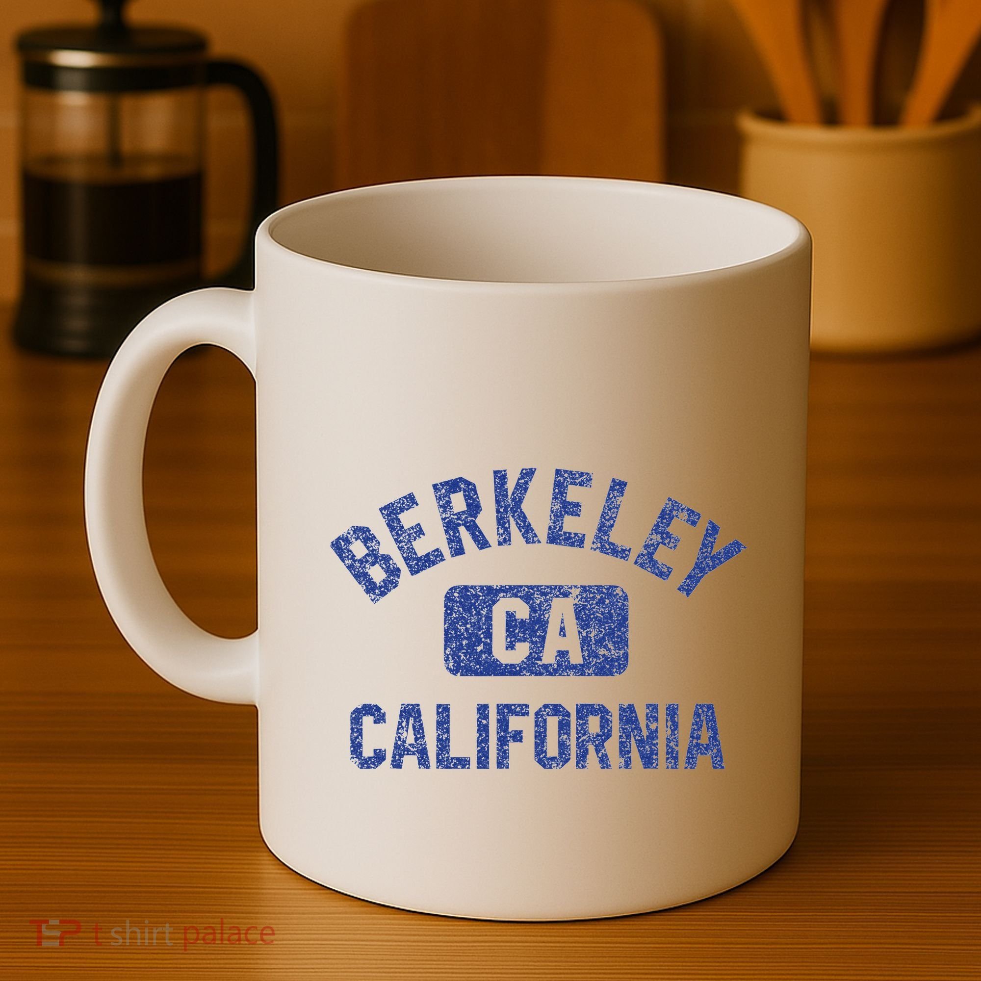 Berkeley California Gym Style Yellow W Distress Blue Print Coffee Mug