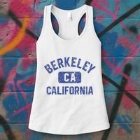 Berkeley California Gym Style Yellow W Distress Blue Print Women's Tank Top thumb 3