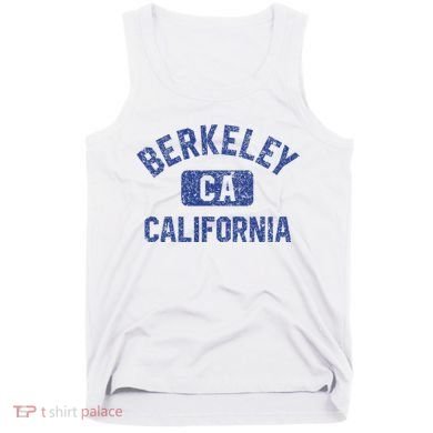 Berkeley California Gym Style Yellow W Distress Blue Print Tank Top
