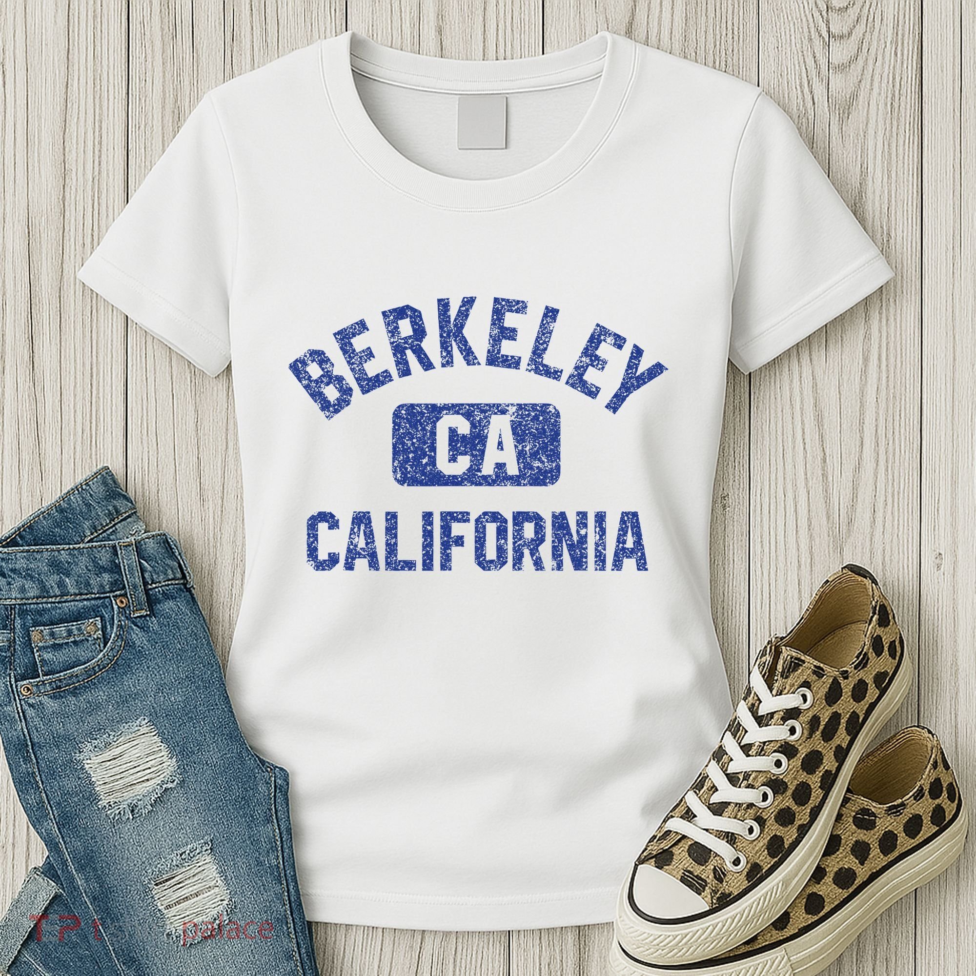 Berkeley California Gym Style Yellow W Distress Blue Print Women's T-Shirt