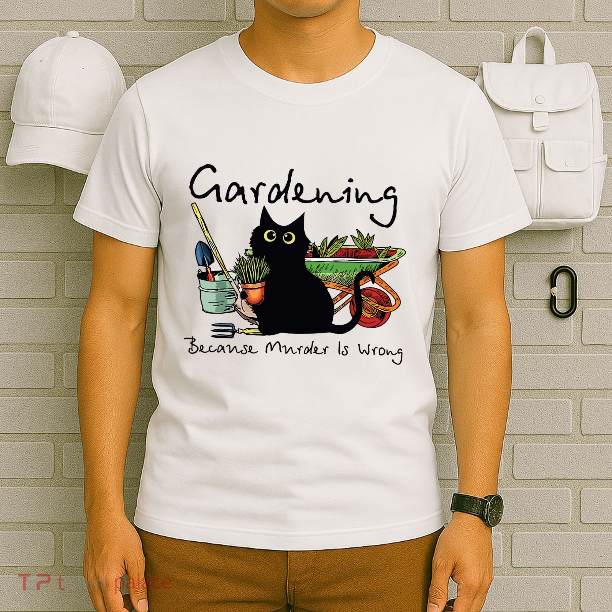 Black Cat Gardening Because Murder Is Wrong T-Shirt