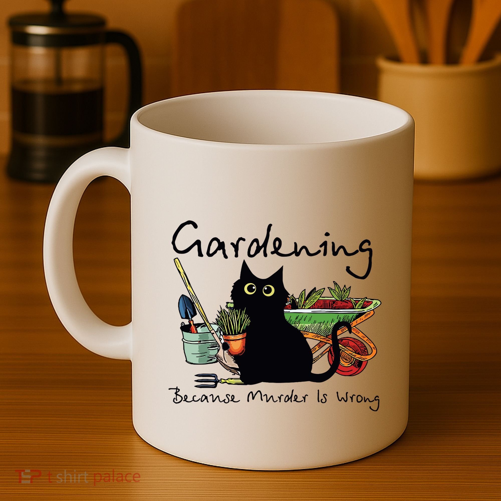 Black Cat Gardening Because Murder Is Wrong Coffee Mug