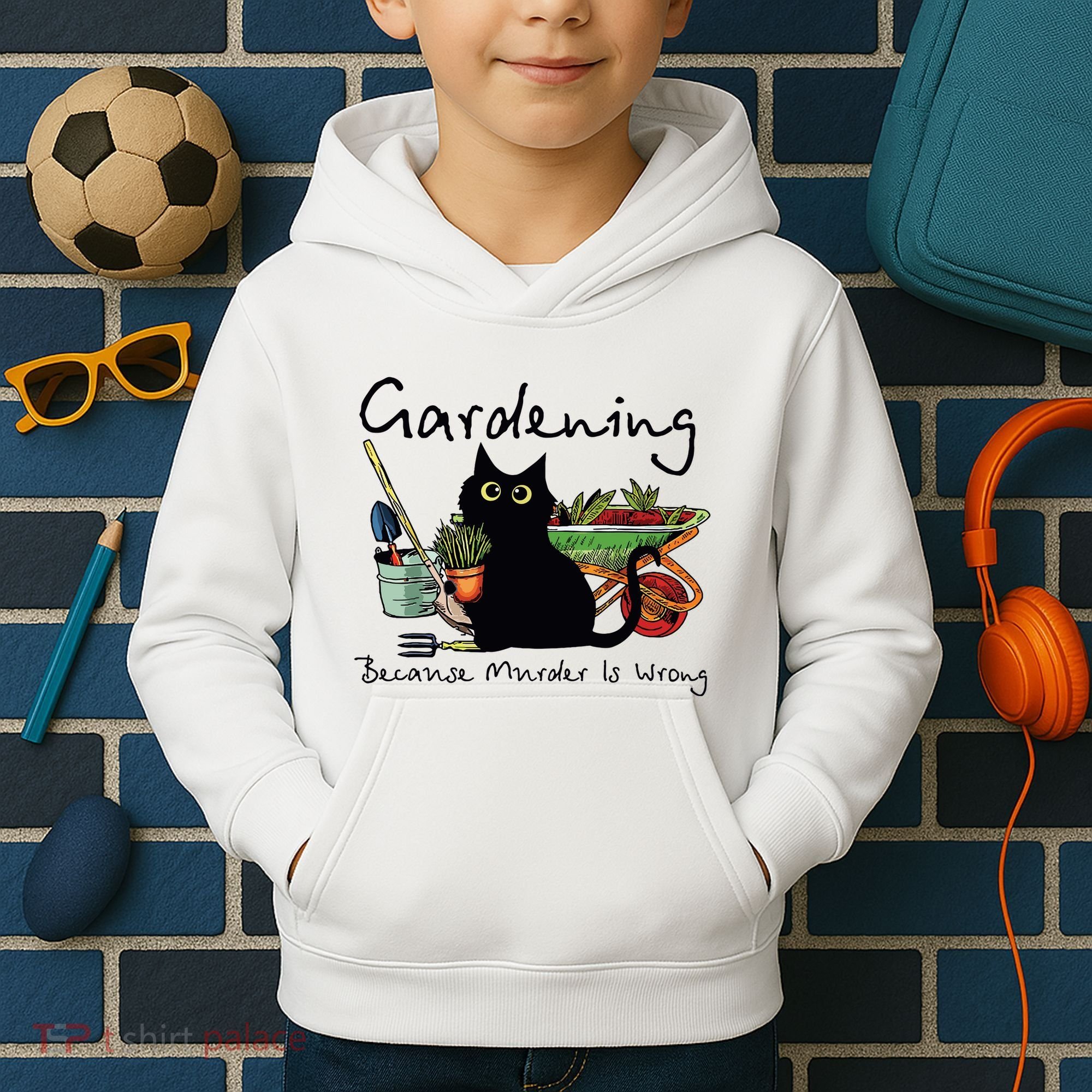 Black Cat Gardening Because Murder Is Wrong Kids Hoodie