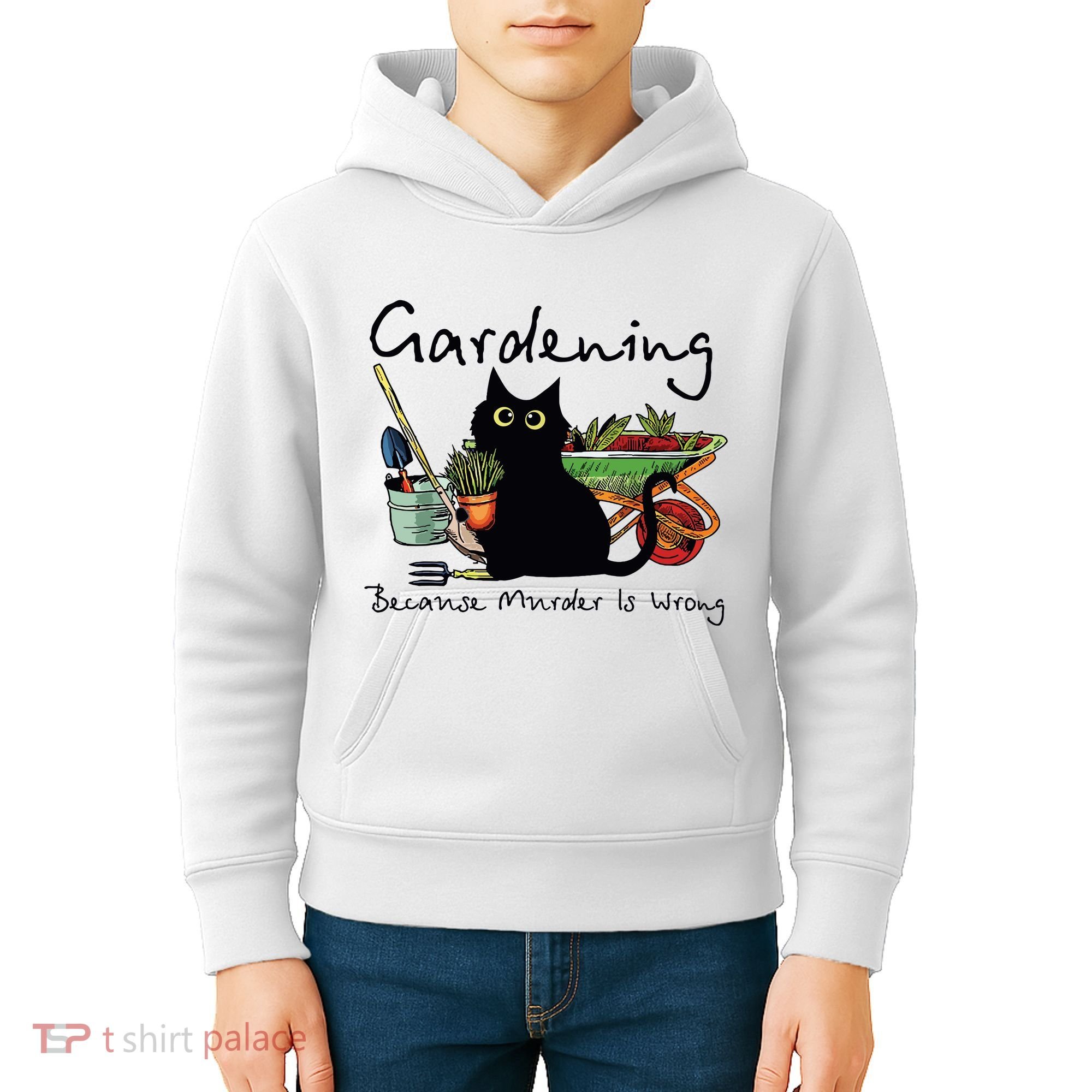 Black Cat Gardening Because Murder Is Wrong Kids Hoodie