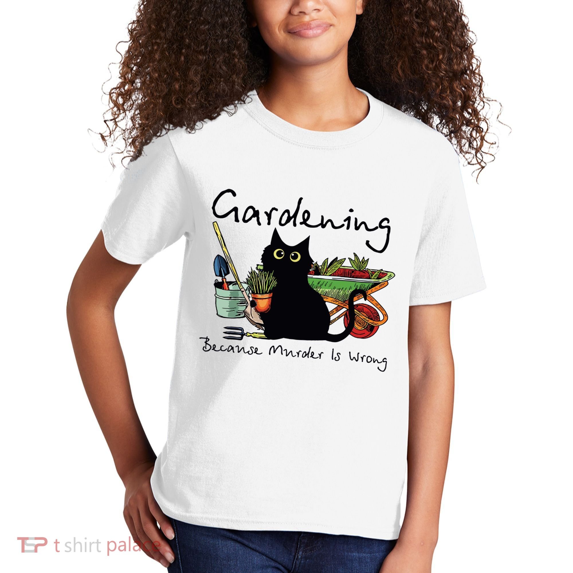 Black Cat Gardening Because Murder Is Wrong Kids T-Shirt