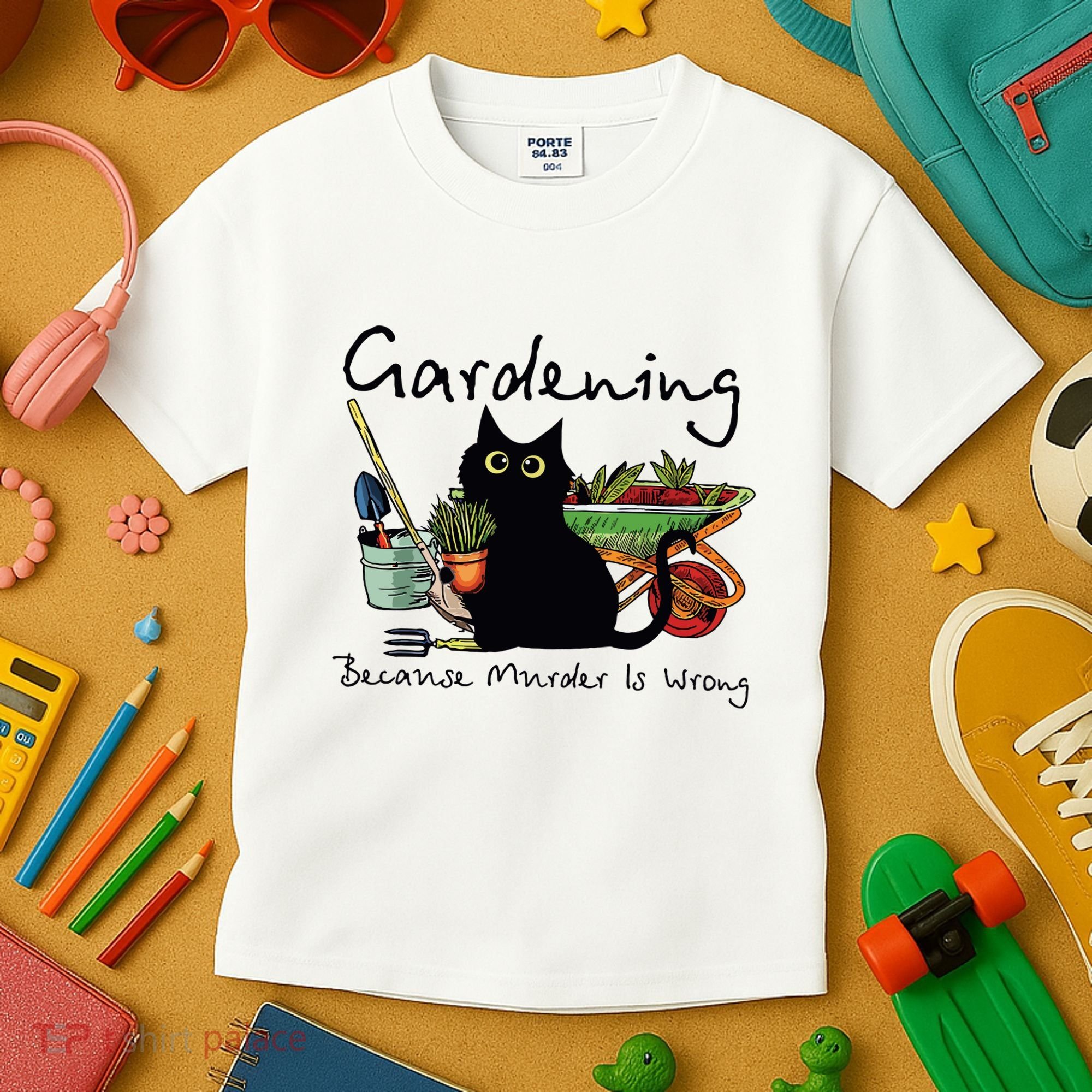Black Cat Gardening Because Murder Is Wrong Kids T-Shirt
