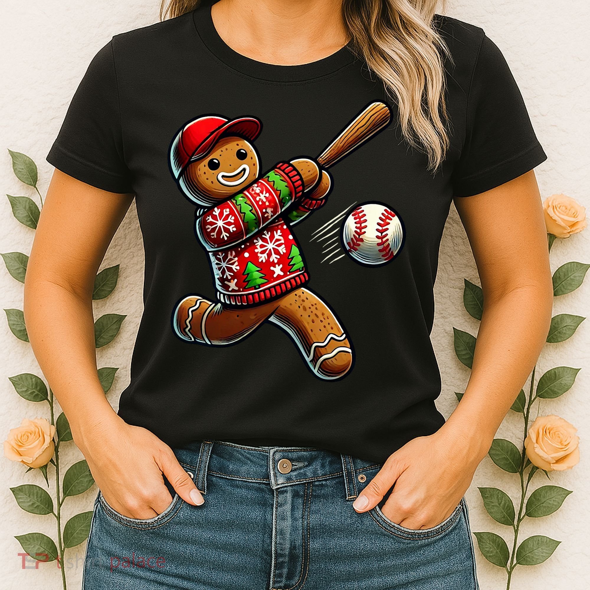 Baseball Christmas Gingerbread Man Baseball Ugly Christmas Women's T-Shirt