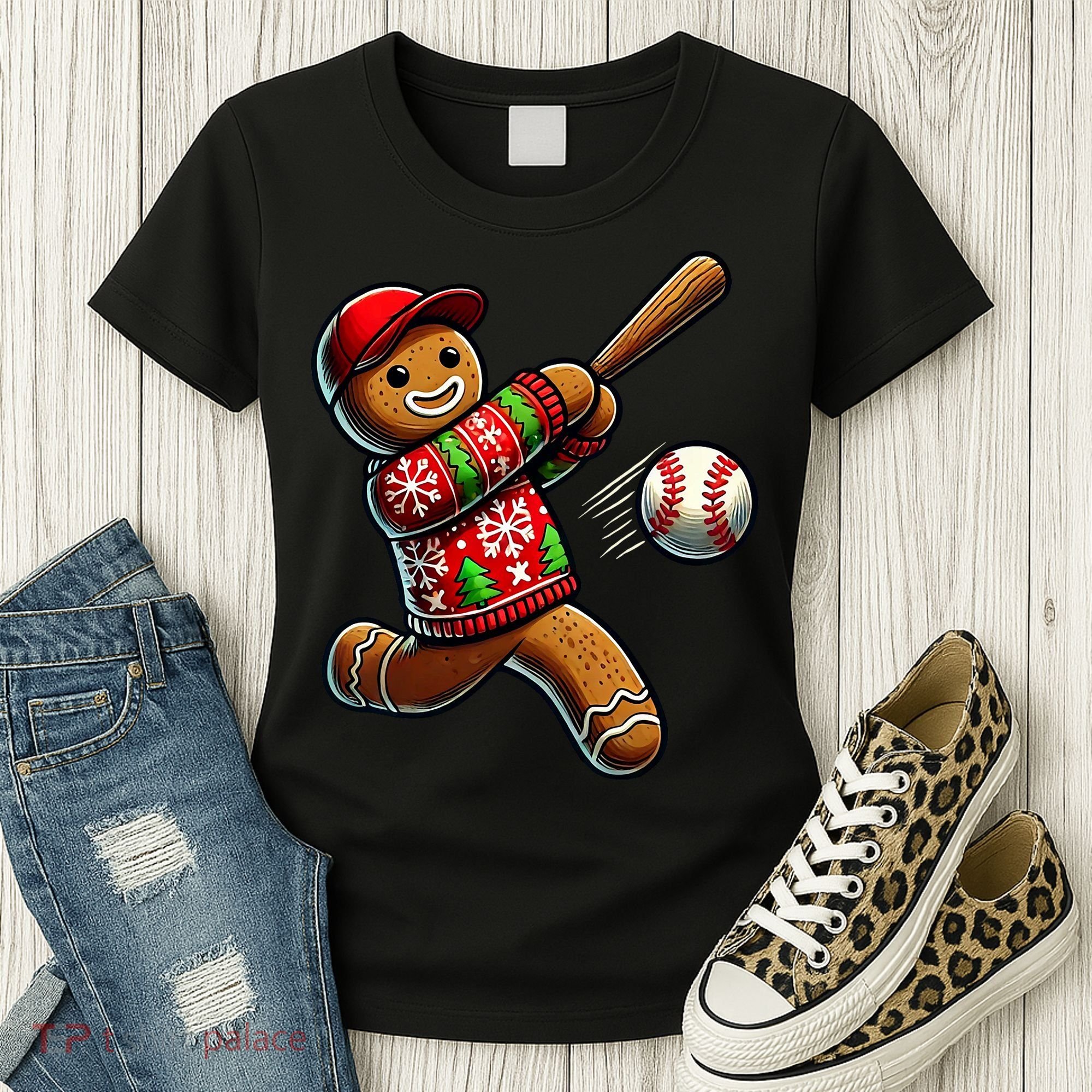 Baseball Christmas Gingerbread Man Baseball Ugly Christmas Women's T-Shirt