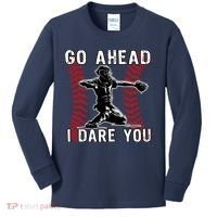 Baseball Catcher Go Ahead I Dare You Kids Long Sleeve Shirt thumb 0