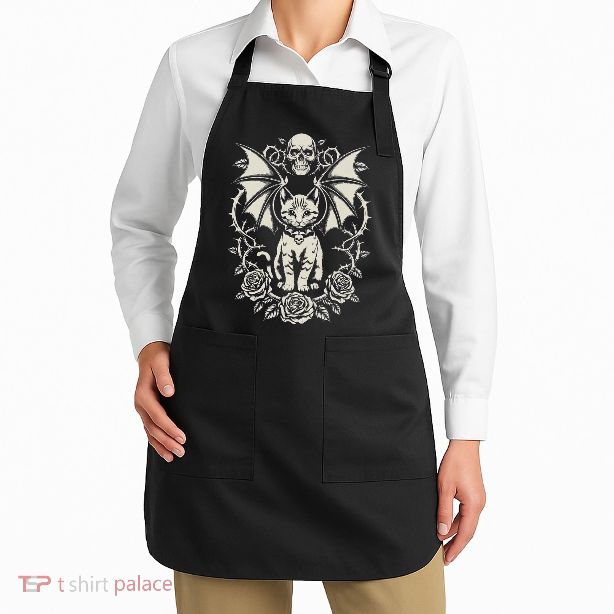 Black Cat Goth Kitten Halloween Skulls Rose Mom Dad Apron