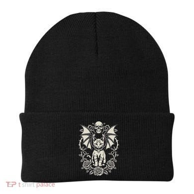 Black Cat Goth Kitten Halloween Skulls Rose Mom Dad Beanie