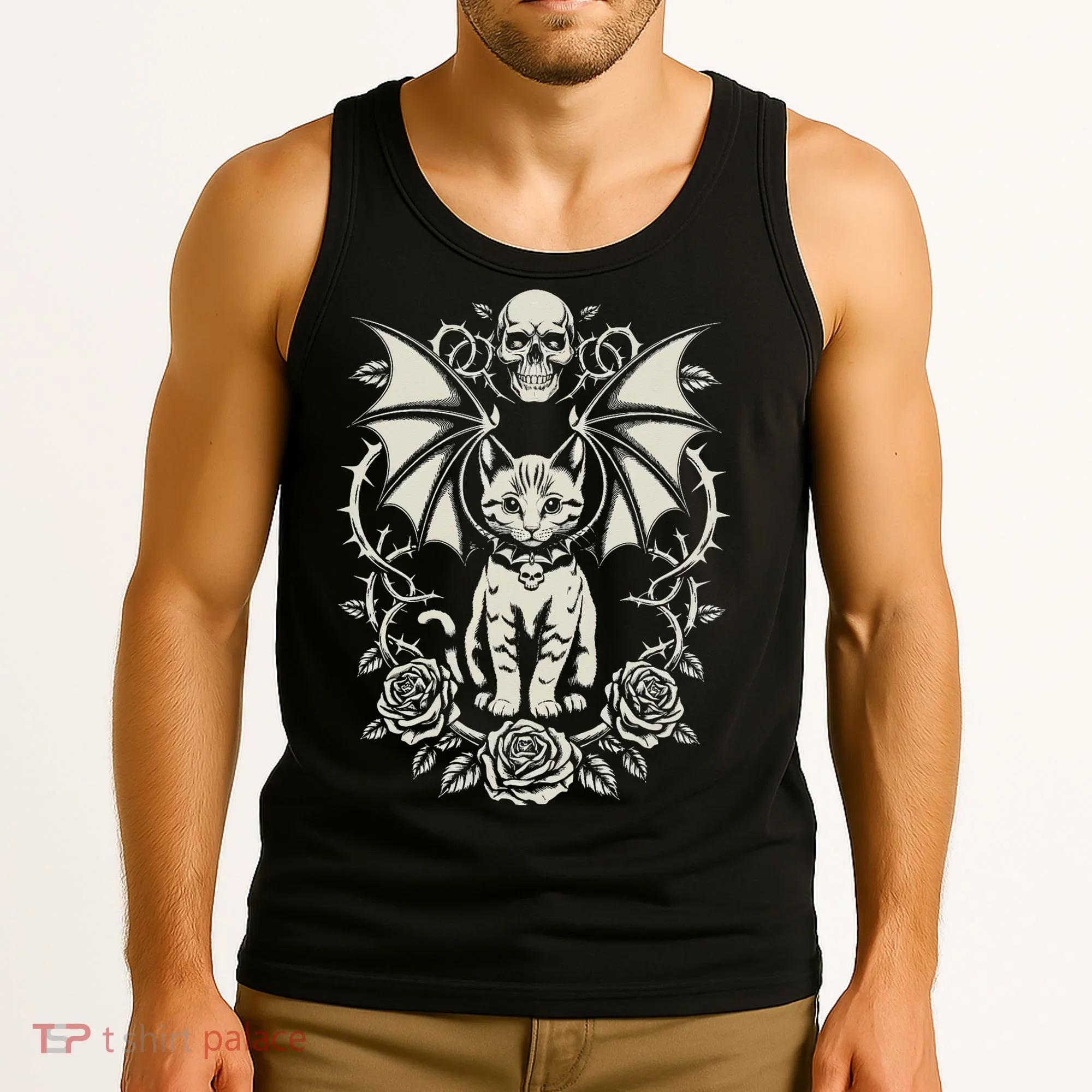 Black Cat Goth Kitten Halloween Skulls Rose Mom Dad Tank Top