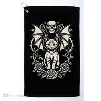 Black Cat Goth Kitten Halloween Skulls Rose Mom Dad Golf Towel thumb 0