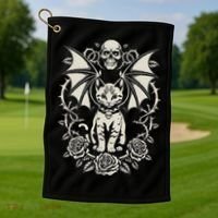 Black Cat Goth Kitten Halloween Skulls Rose Mom Dad Golf Towel thumb 1