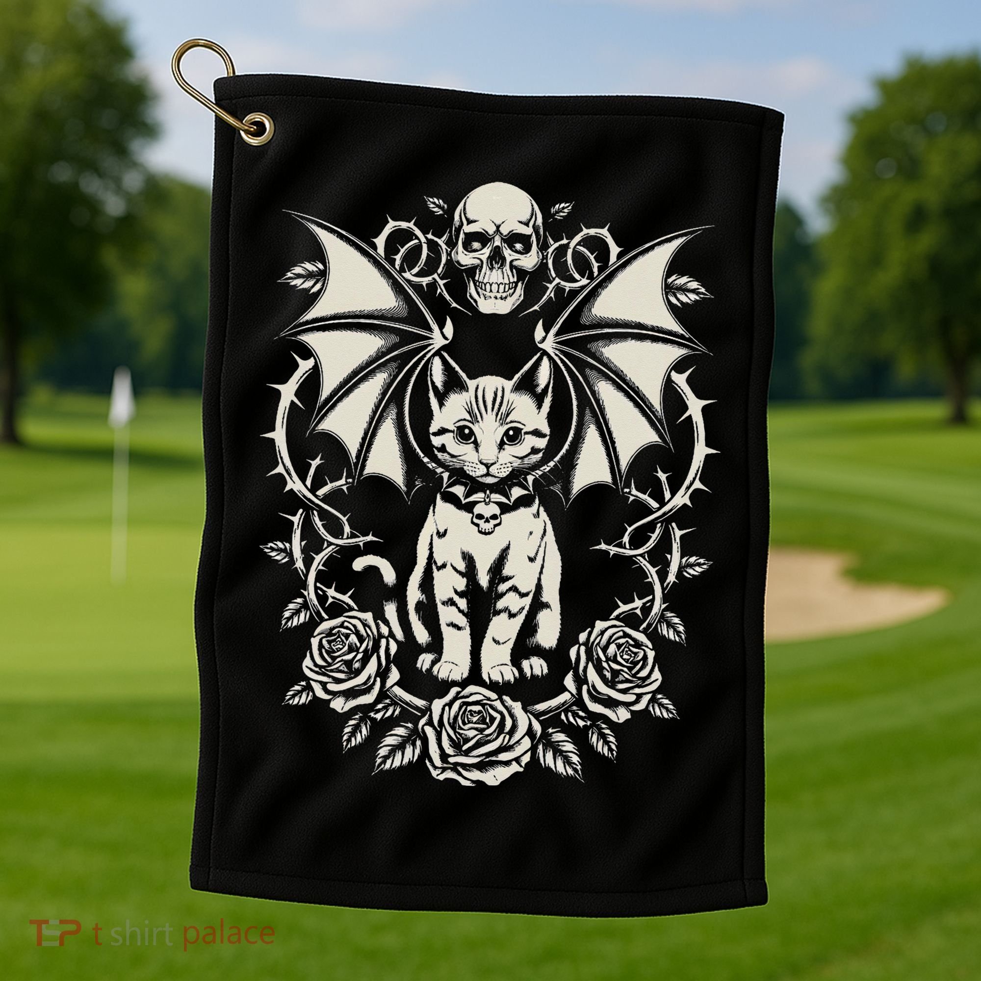 Black Cat Goth Kitten Halloween Skulls Rose Mom Dad Golf Towel