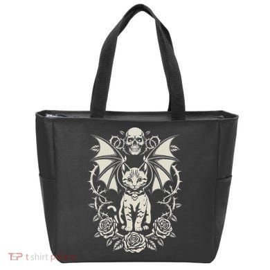 Black Cat Goth Kitten Halloween Skulls Rose Mom Dad Tote Bag