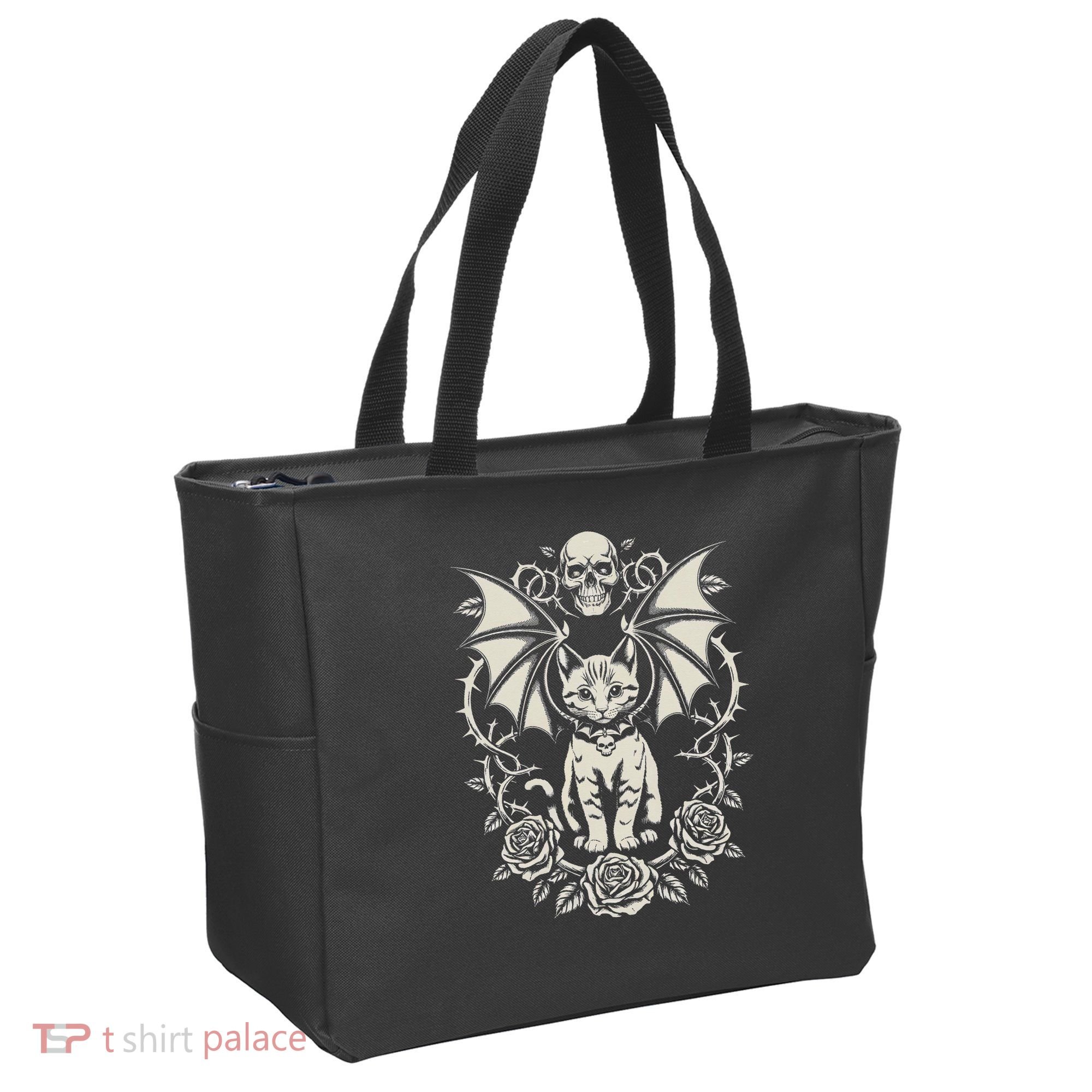 Black Cat Goth Kitten Halloween Skulls Rose Mom Dad Tote Bag