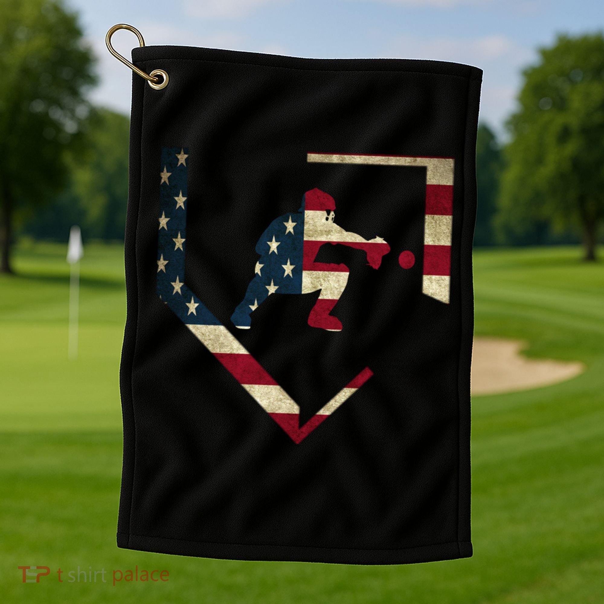 Baseball Catcher Gear Gift American Flag Baseballin Gift Golf Towel