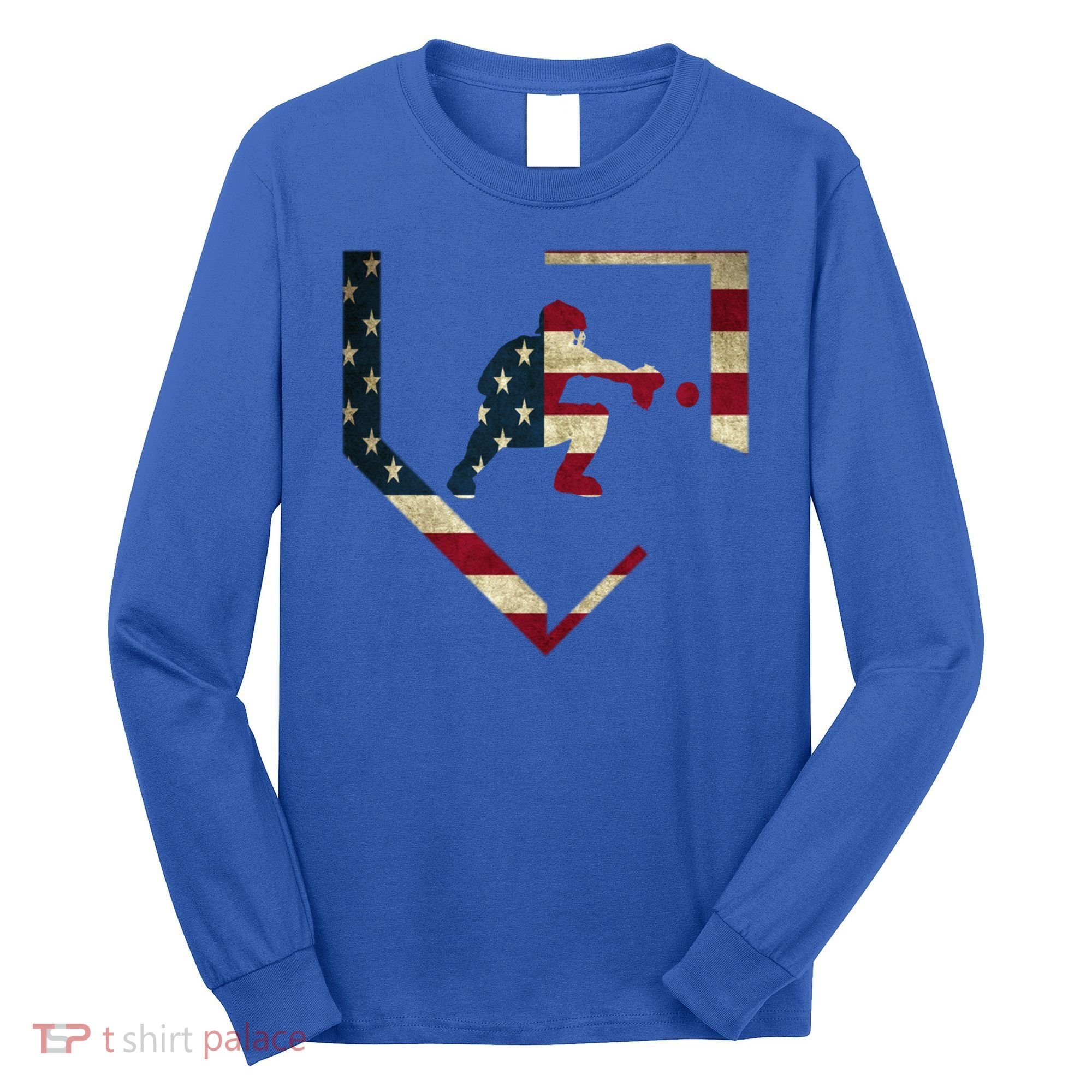 Baseball Catcher Gear Gift American Flag Baseballin Gift Long Sleeve Shirt