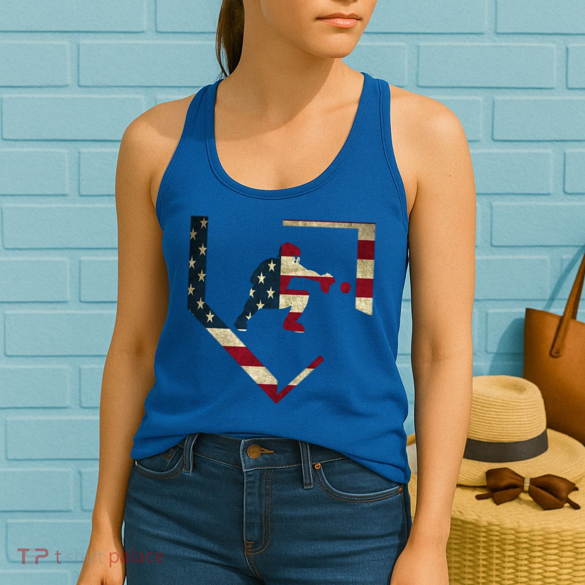 Baseball Catcher Gear Gift American Flag Baseballin Gift Women's Tank Top
