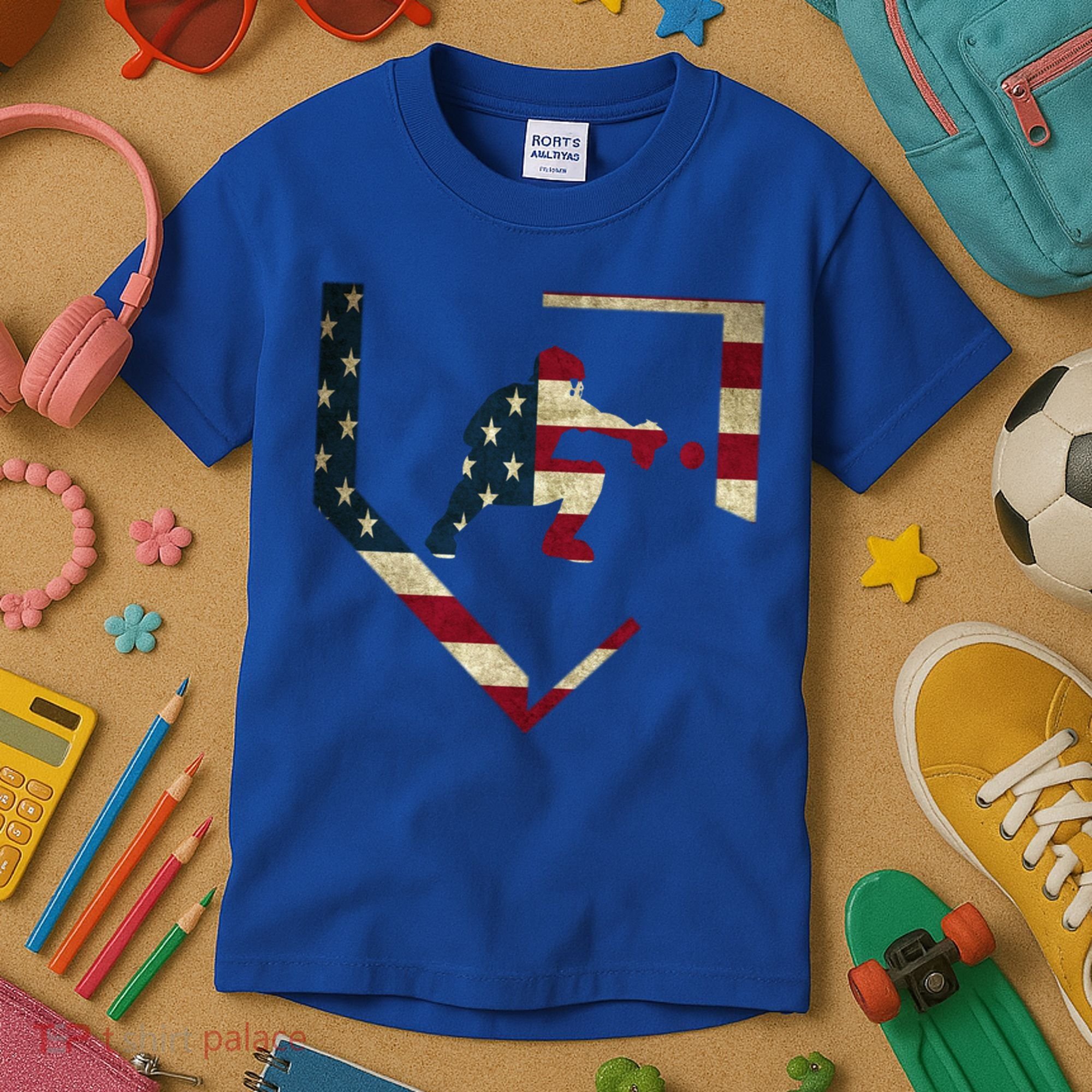 Baseball Catcher Gear Gift American Flag Baseballin Gift Kids T-Shirt