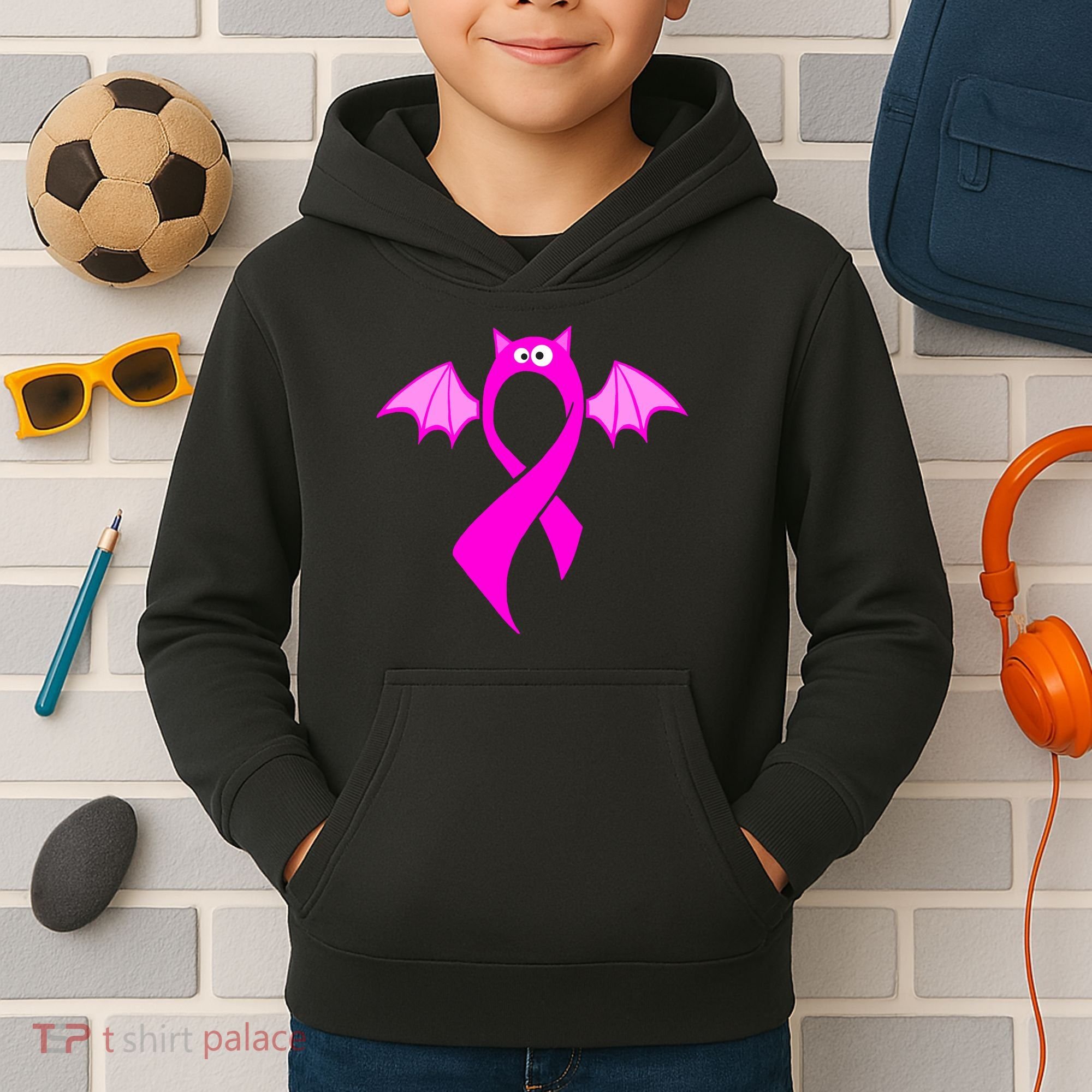 Breast Cancer Halloween Bat Pink Ribbon Kids Hoodie