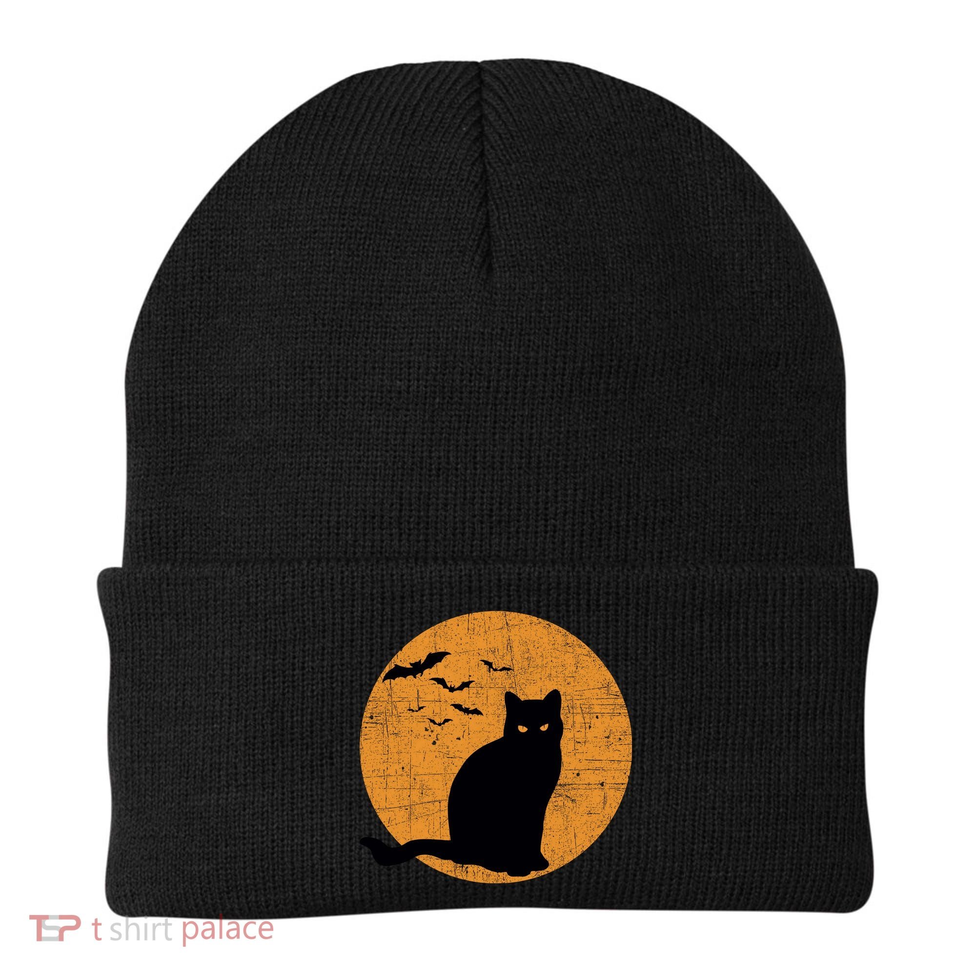 Black Cat Halloween Moon Beanie