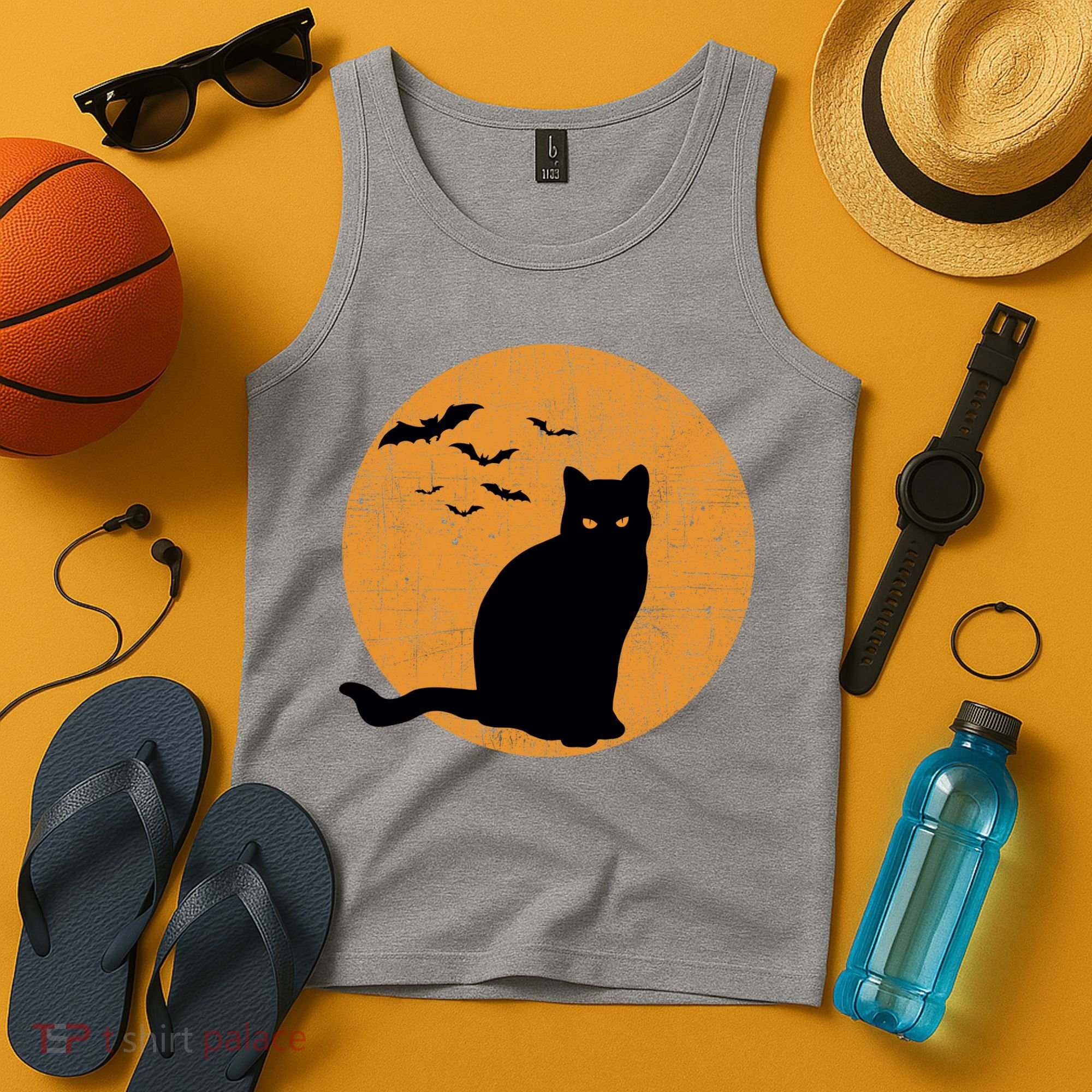 Black Cat Halloween Moon Tank Top