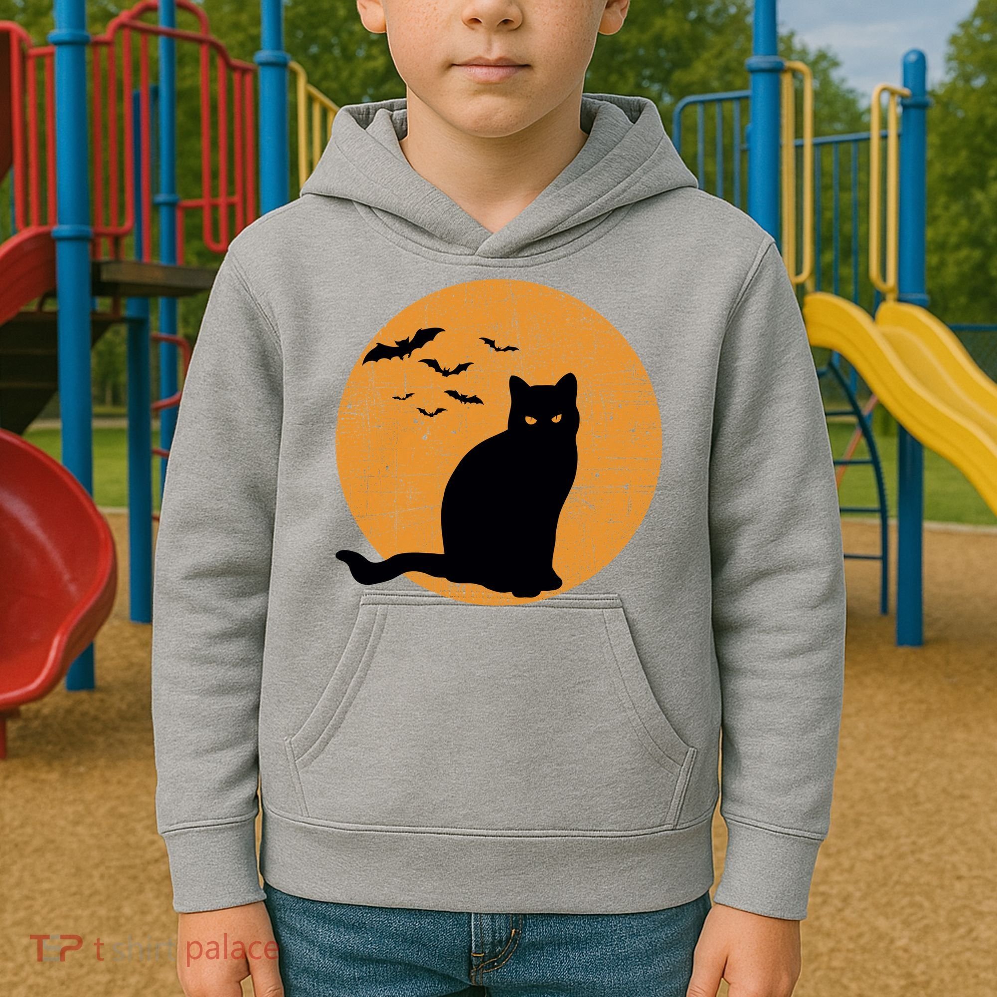 Black Cat Halloween Moon Kids Hoodie