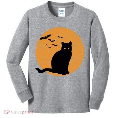Black Cat Halloween Moon Kids Long Sleeve Shirt