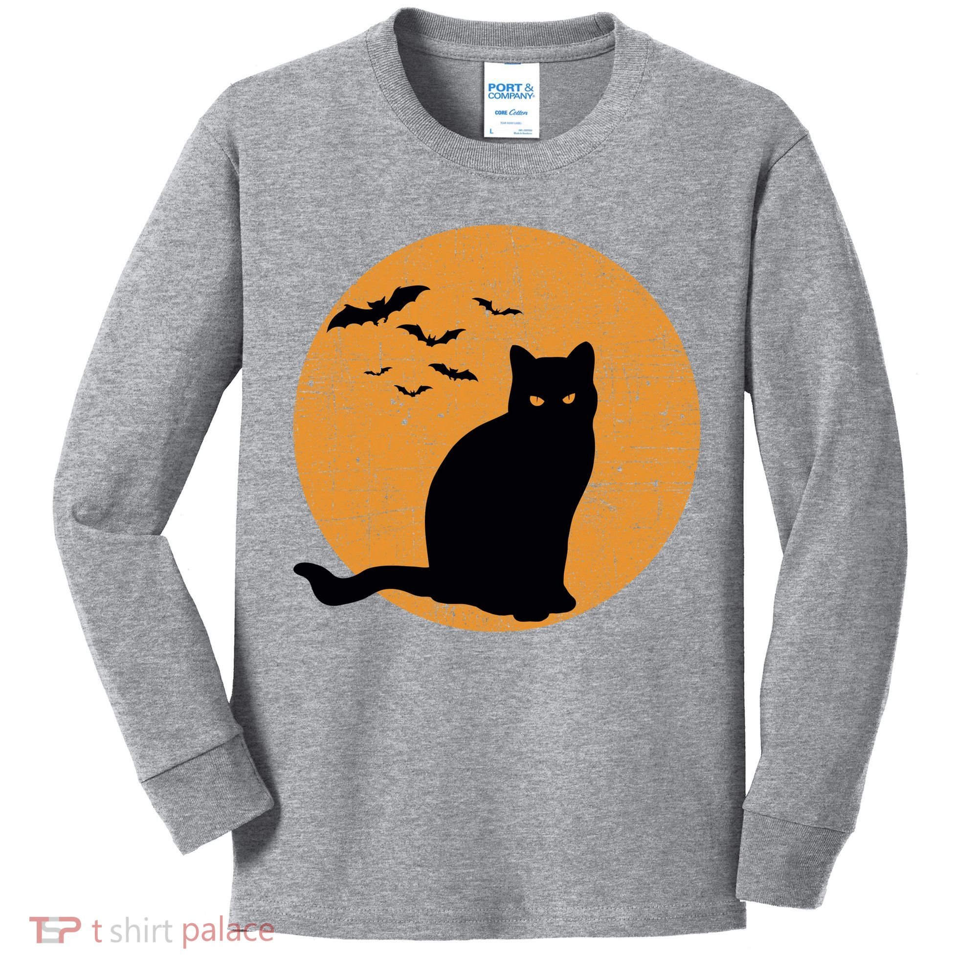Black Cat Halloween Moon Kids Long Sleeve Shirt