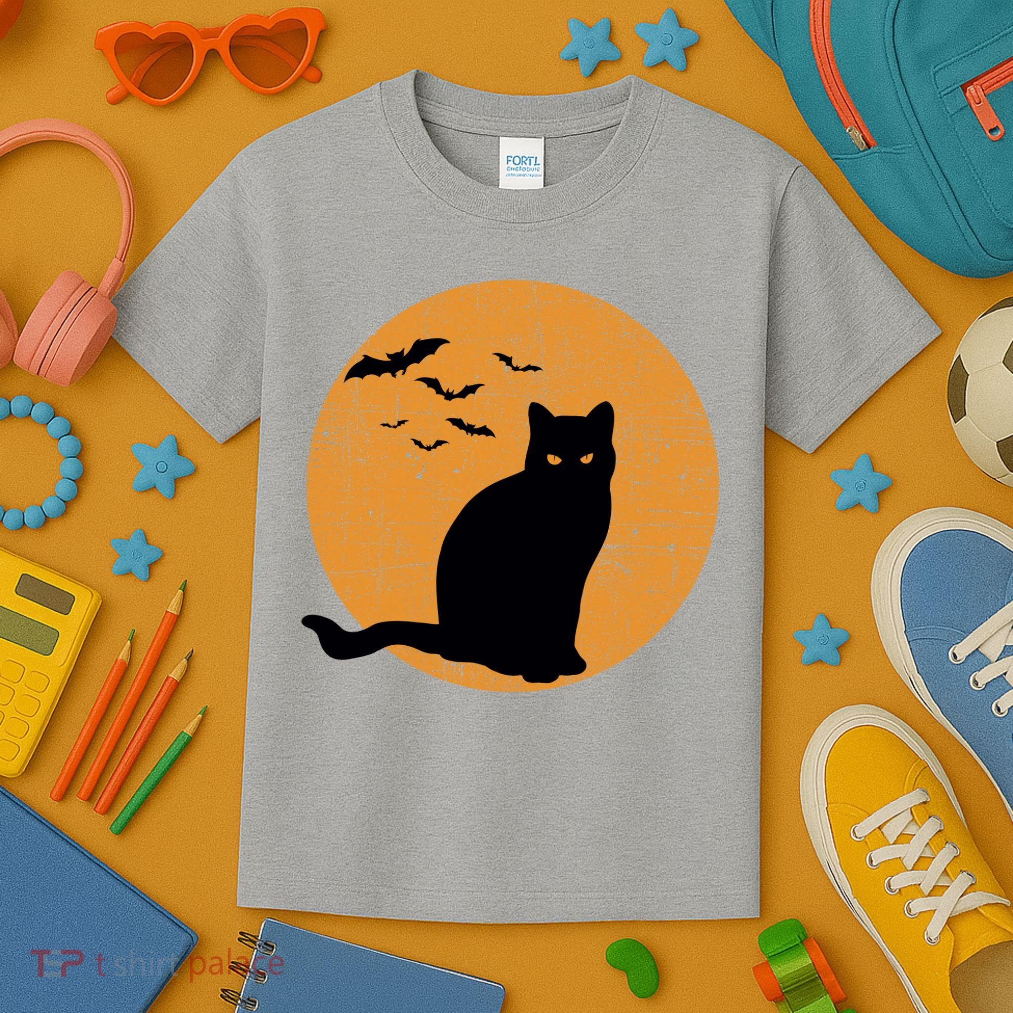 Black Cat Halloween Moon Kids T-Shirt