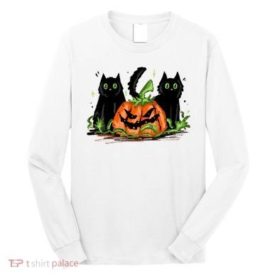 Black Cat Halloween Cute Pumpkin Long Sleeve Shirt