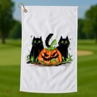 Black Cat Halloween Cute Pumpkin Golf Towel thumb 1