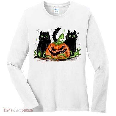 Black Cat Halloween Cute Pumpkin Women's Long Sleeve Shirt