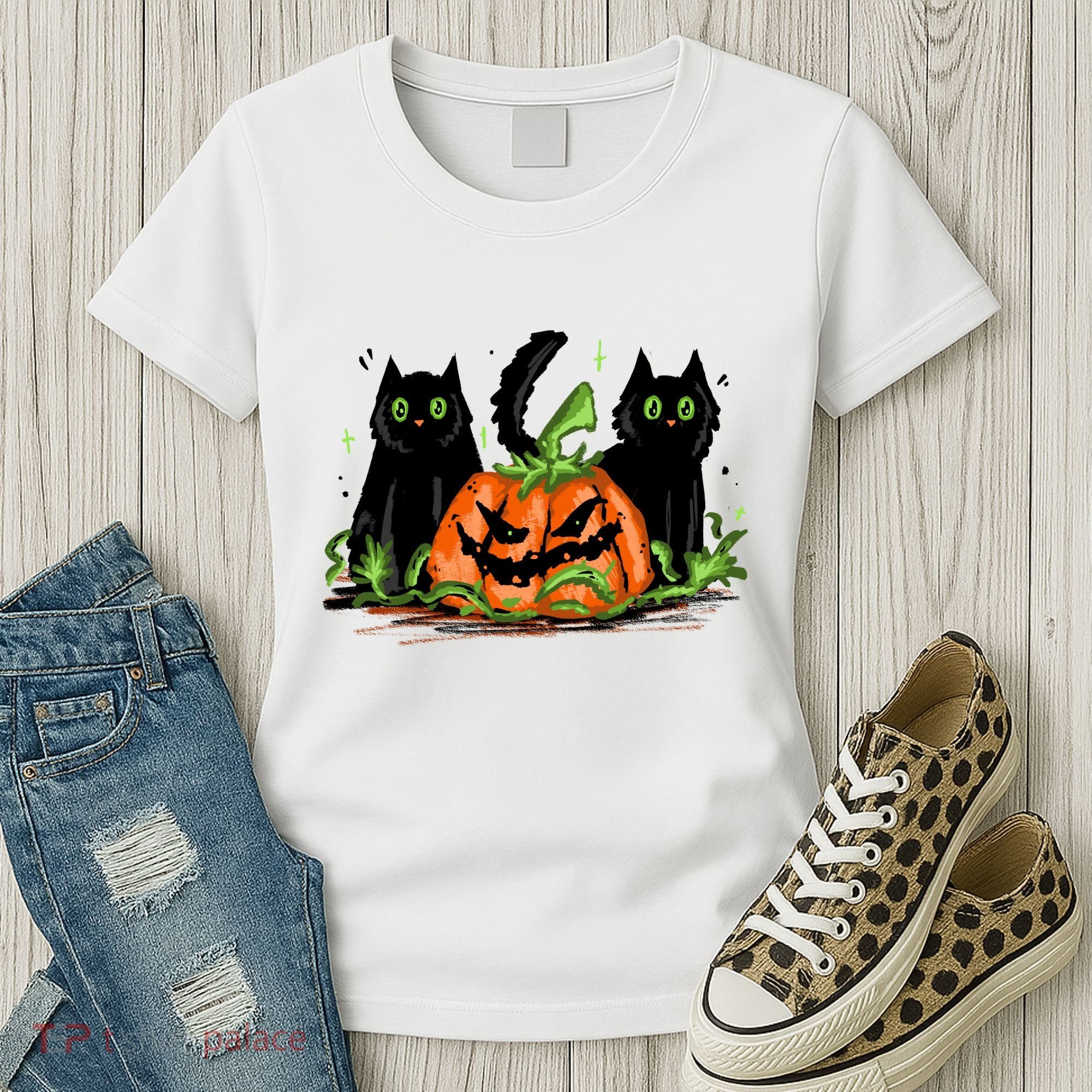 Black Cat Halloween Cute Pumpkin Women's T-Shirt
